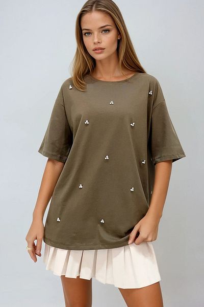 VAGGON Γυναικείο μπλουζάκι Khaki Color Oversize Stone and Pearl Detailed Crew Neck - Prmx11964