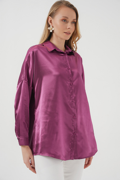 Bigdart 3985 Oversize Saten Gömlek - Koyu Lila