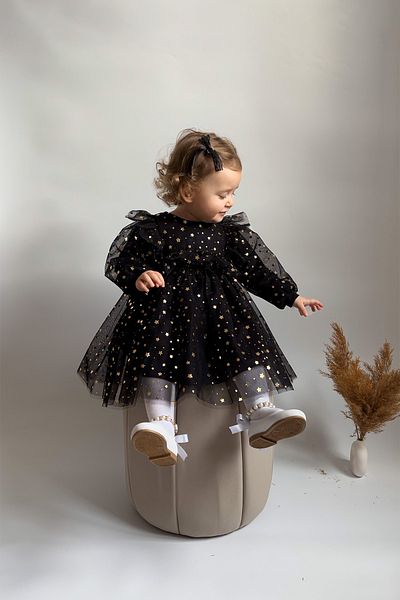ALYRA Baby Girl Child Starry Tulle Tutu Long Sleeve Combed Cotton Lined Birthday Special Occasion Party Dress