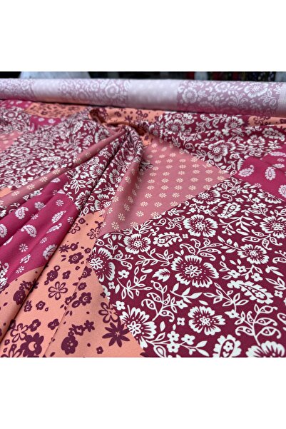 Yaren Ülker Belmando Ithal Viskon Kumaş Çift En Mercan Nar Çiçeği Renk Patchwork Desen