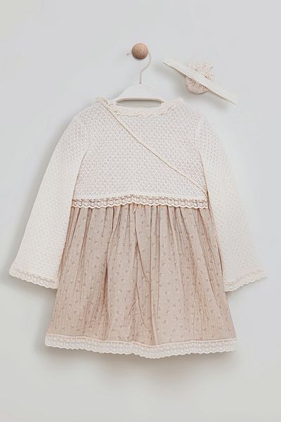 Bombili Lace Detailed Muslin Fabric Bag Cardigan Dress Combination Baby Girl Set