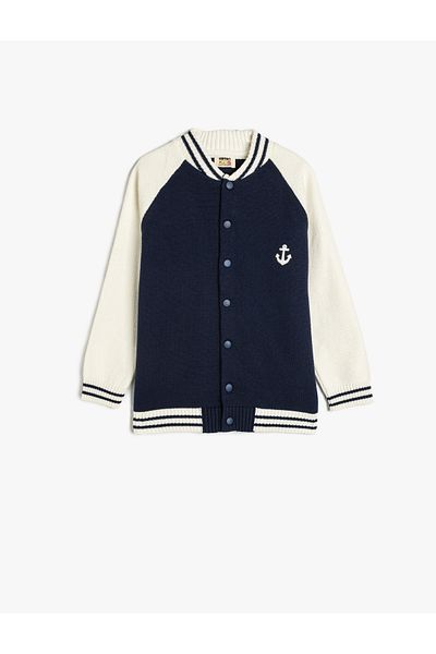 Koton Embroidery Detailed Round Neck Long Sleeve Snap Closure Bomber Cardigan