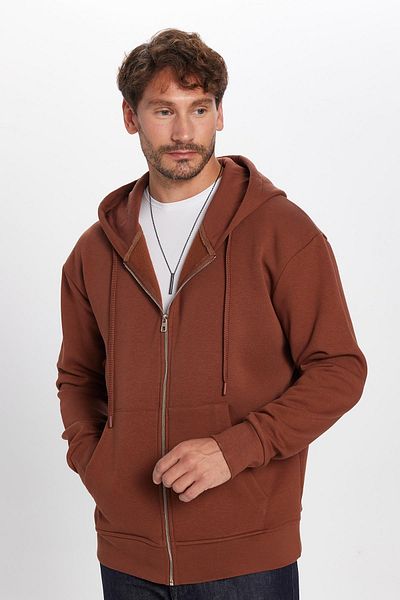 Tudors Unisex Relax Fit Relaxed Cut Βαμβακερό Fleece Εσωτερικό Διπλή Τσέπη Πλήρες φερμουάρ Καφέ Φούτερ με κουκούλα