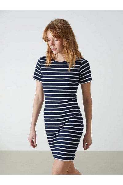 LC Waikiki Xside Navy Blue Crew Neck Striped Women's Dress