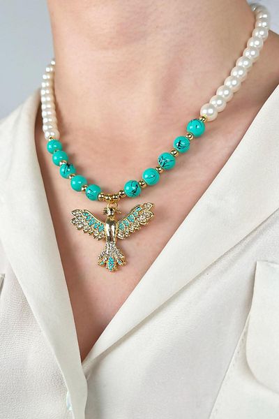 Sose Moda Pearl and Bead Necklace with Phoenix - Turquoise