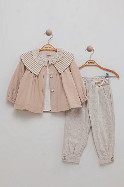 Bombili 3-Piece Combination Baby Girl's Set with Ribbed Muslin Fabric Shirt and Elastic Waist Pants Jacket
