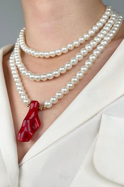 Sose Moda Natural Coral End Three Rows Design Pearl Necklace - Red