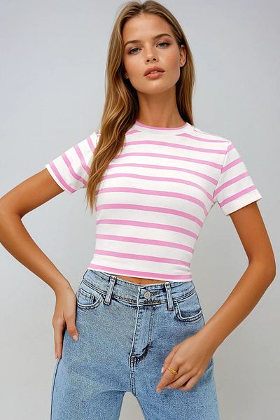 VAGGON Women's Pink Crew Neck Half Sleeve Striped Crop Blouse Prmx13348