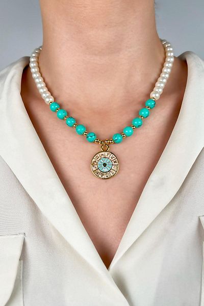 Sose Moda Zodiac Medallion End Pearl and Bead Necklace - Tutkuaz