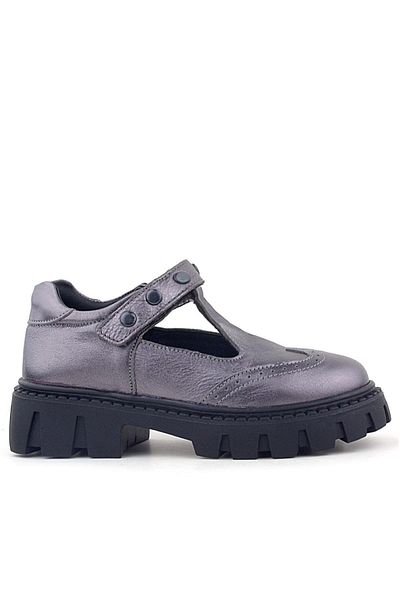 Rakerplus Pantofi de școală pentru fete din piele naturală, metal platină, cu velcro