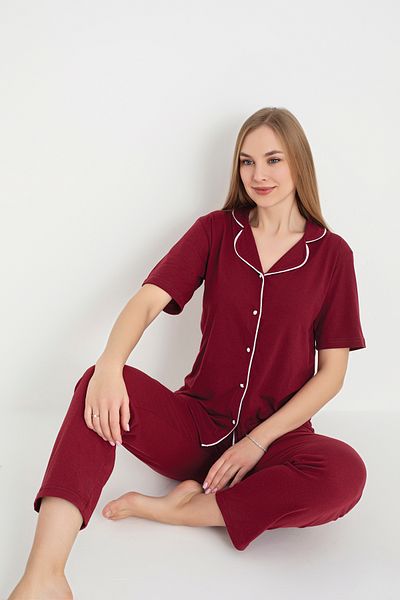 Sude HOMEWEAR Set de pijamale cu mânecă scurtă din bumbac, culoare visiniu