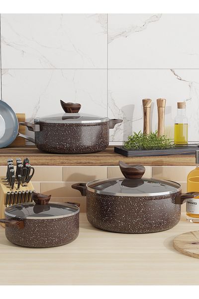 BAROLY Granite Cookware Set 6 Pieces Glass Cover Size 18-20-22 Cm