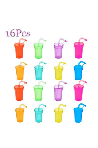 Choice كوب شرب ملون سعة 380 مل، 16 قطعة، 8 قطع، مع غطاء مقاوم للتسرب وقشة - مثالي للأطفال