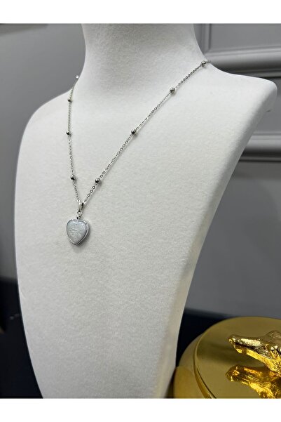Store Gümüş Boncuklu Top Zincirli Beyaz Sedefli Kalp Kolye