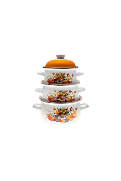 Ebru Metal Enameled Hot Pot Floral Patterned Midi 3-Piece Cookware Set 16/18/20 cm