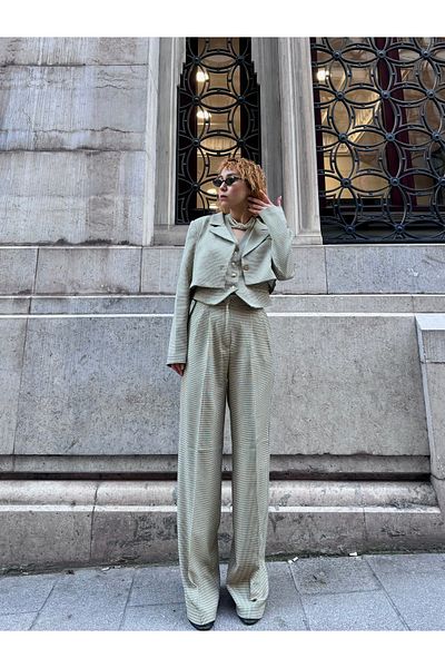 Bak'ap Beige Mini Plaid Vest and Palazzo Pants - Padded Crop Blazer Jacket 3-Piece Set