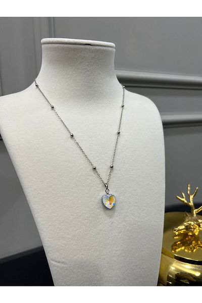 Store Glittering Crystal Stone Steel Heart Necklace with Bead Chain