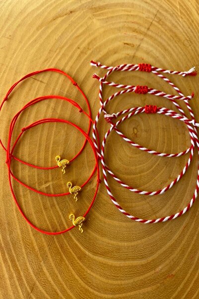 Shepidi 6 adet(2'li 3 takım) hediyelik  gold flamingo figürlü kırmızı ip mart...