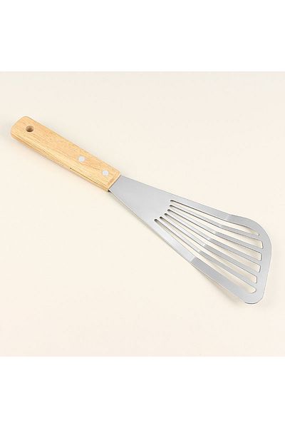 Choice Large 1pc Stainless Steel Fish Frying Shovel With Wooden Handle Fan-shaped Shovel Household High-tem