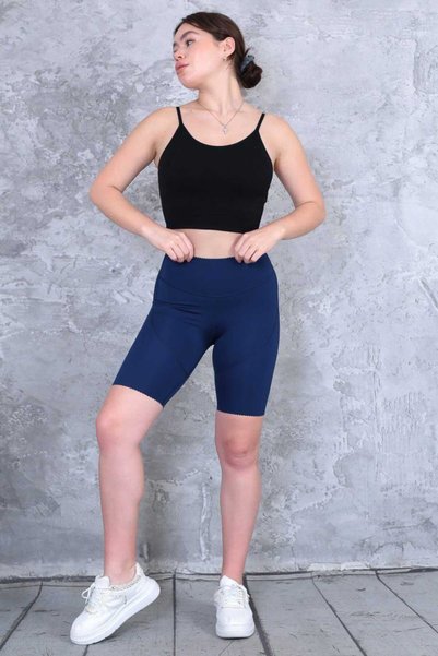 ByMisa Store الأزرق الداكن عالية الخصر سلس تجميع وثبات الليزر قطع عارضة والرياضة طماق السائق قصيرة