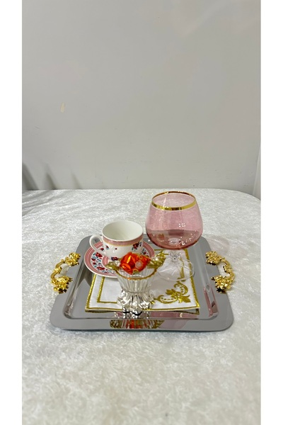 USD HOME 6 lı gold geçme kulplu paslanmaz çelik kare kahve sunum servis tepsisi