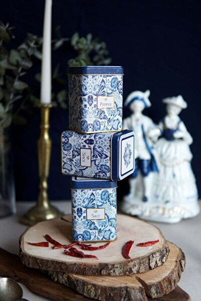 Hesaplı Kasa Lisbon Desenli 3'lü Kare Metal Saklama Kabı Seti, 7,5 x 7,5 x 10...