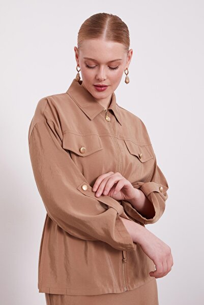 Levidor Camel Waist Gather Detail Skirt Suit
