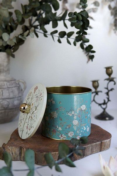 Hesaplı Kasa Flora Patterned Round Metal Storage Container, 14 X 12.5 Cm, 1.7 Lt