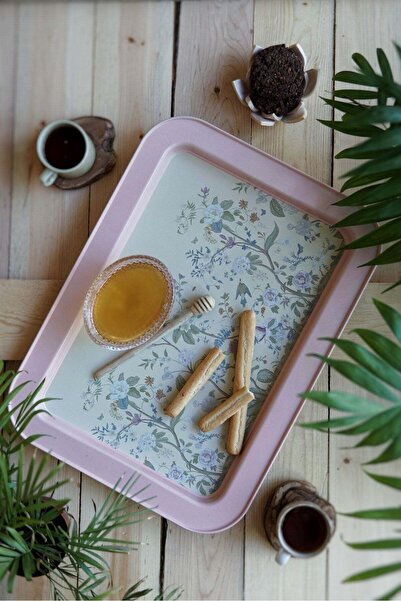 Hesaplı Kasa Flora Desenli Grande Metal Servis Tepsisi 31x43 cm Pembe Dekorat...