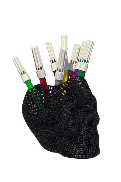 vdn design حامل قلم على شكل جمجمة مزخرف على سطح الطاولة