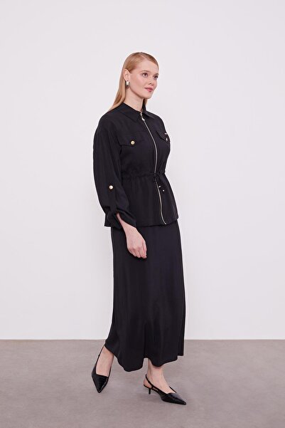 Levidor Black Waist Gathered Detail Skirt Suit