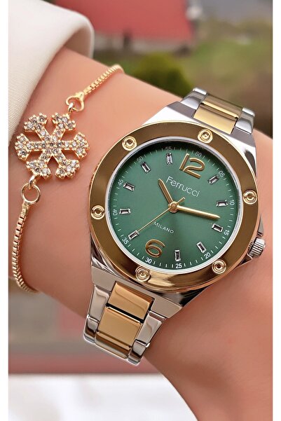 Ferrucci ساعة يد نسائية من العلامة التجارية Ferruci باللون الأصفر والفضي - هدية سوار