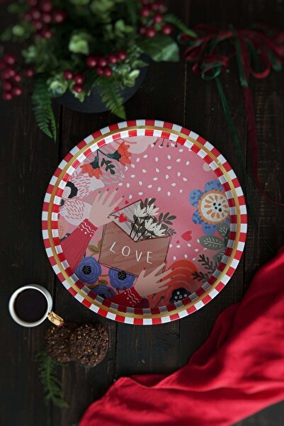 Hesaplı Kasa Love Patterned Round Metal Serving Tray 31.5 cm