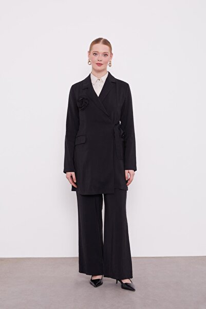 Levidor Black Rose Brooch Detailed Jacket Set