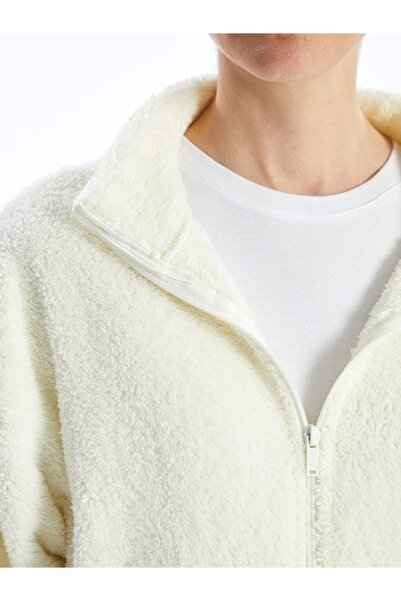 LC Waikiki Lcwaikiki Basic Ecru Stand Collar Plush Women's Zip-Up Sweatshirt