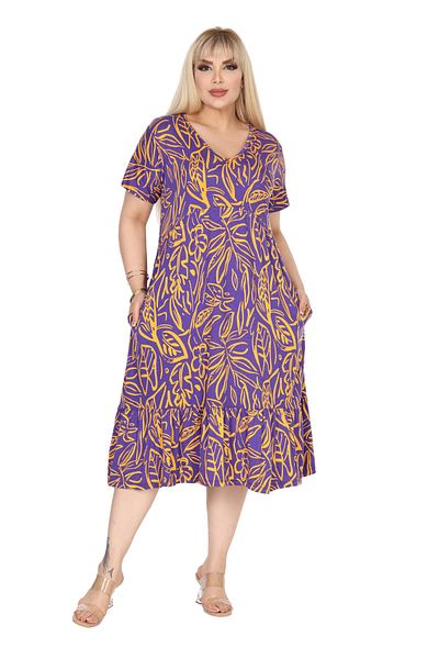 MELSAY Women's Plus Size V-Neck Short Sleeve Purple Leaf Pattern Robe Dress