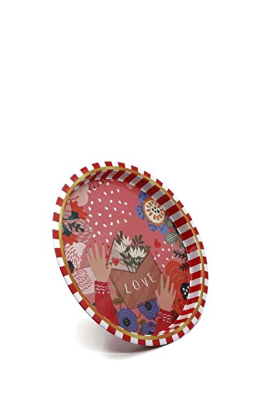 Hesaplı Kasa Love Patterned Round Metal Serving Tray 31.5 cm