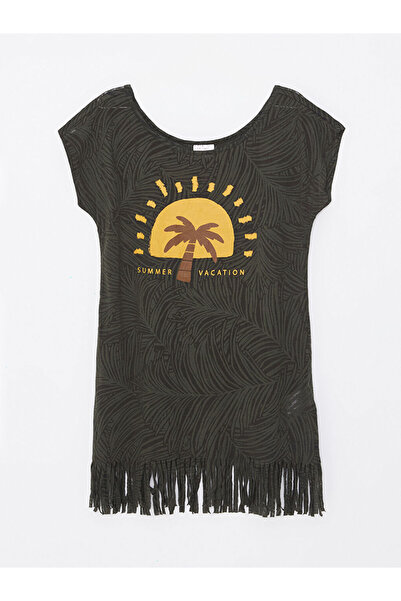 LC Waikiki Χακί φόρεμα παραλίας με λαιμόκοψη ποδηλάτου και μανίκια με τύπωμα ...