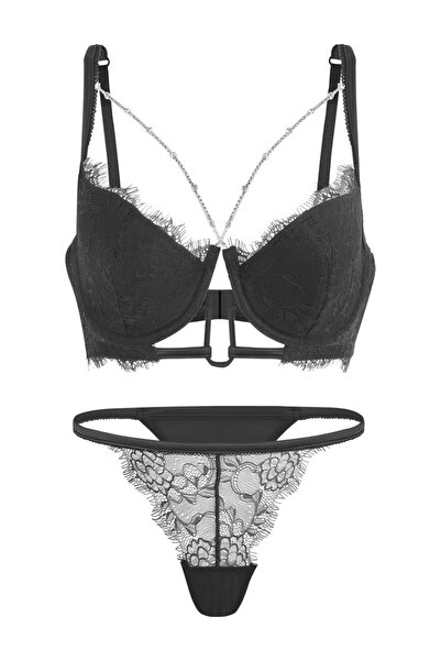 Wonna Set sutien și chiloți cu accesorii detașabile din dantelă - cu tampon - negru 2577