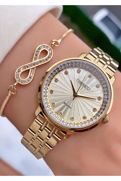 Ferrucci Ferruci Marka Altın Renk Çelik Kordon 2 Yıl Garantili Kadın Kol Saati - Bileklik Hediyeli