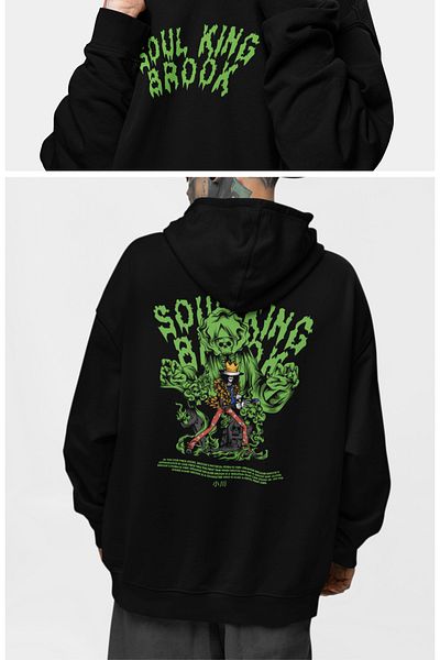 Fuddy Moda Hanorac cu capota imprimat pe spate, One Piece Soul King Brook, hanorac unisex oversize, imprimat anime
