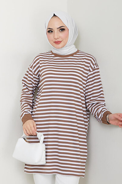 Bold Grup Fashion Neva Γυναικείο Καφέ Καλοκαιρινό Ριγέ Hijab Μπλουζάκι