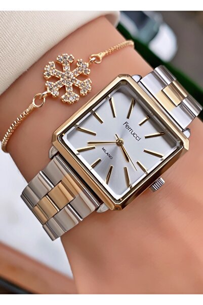 Ferrucci Ferruci Marka Sarı Gümüş Renk Çelik Kordon 2 Yıl Garantili Kadın Kol Saati - Bileklik Hediyeli