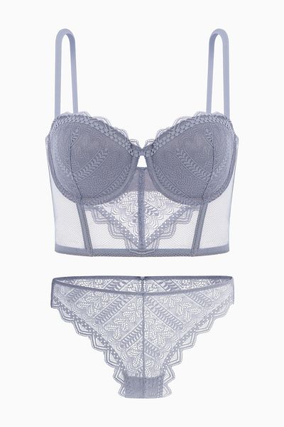 Wonna Olivia Lace Supportless Bustier and Bra Panty Set - Fashion 2502 - Gray