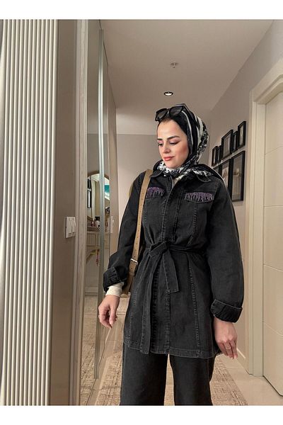 Aselim Hijap Moda Belted Stone Detailed Denim Shirt Double Set Black Women's Hijab Clothing