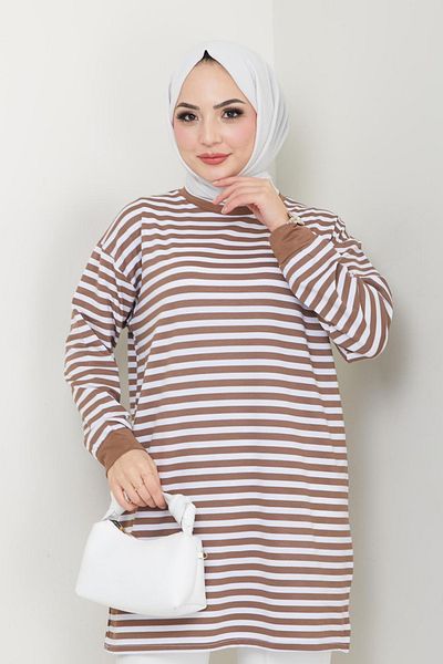 Bold Grup Fashion Neva Γυναικείο Καφέ Καλοκαιρινό Ριγέ Hijab Μπλουζάκι