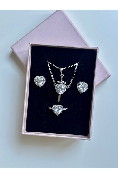 YOUES JEWELRY Valentine's Day Jewelry Set 2 Pieces Necklace, Ring and Earrings Jewelry Set Heart Set with Stones