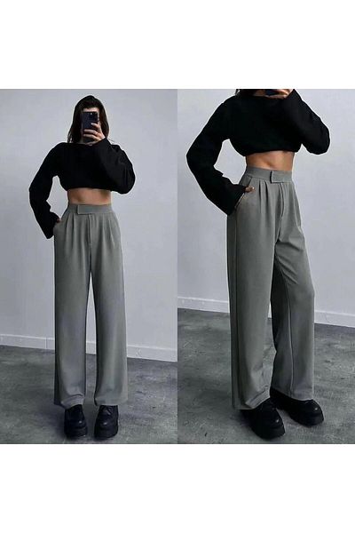 MetuCA Women's High Waist Pocketed Velcro Waist Spanish Wide Leg Comfortable Fit Fabric Palazzo Pants