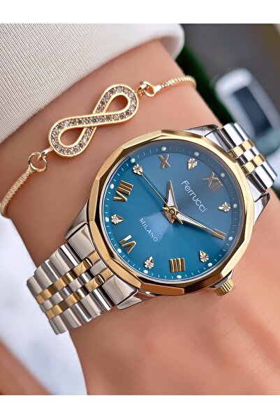 Ferrucci Ferruci Brand Yellow Silver Color Steel Band Women's Wrist Watch - Bracelet Gift