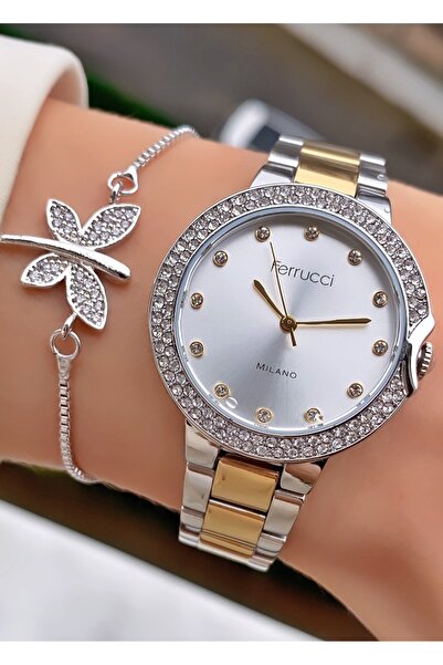 Ferrucci ساعة يد نسائية من العلامة التجارية Ferruci باللون الأصفر والفضي - هدية سوار